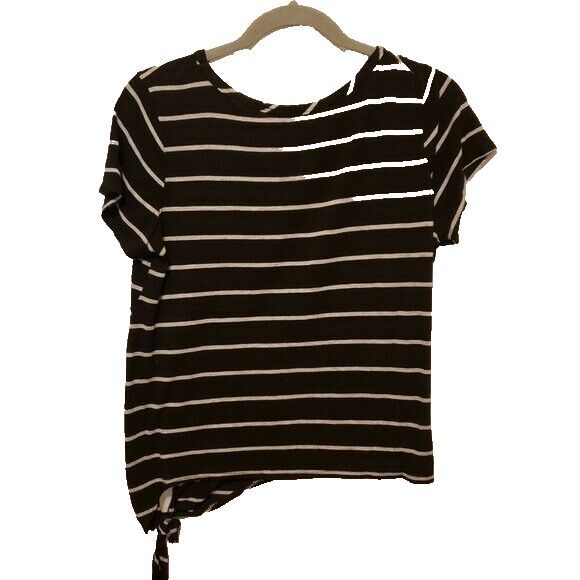 Olivia Ral Womens Sz L Black Gray Striped Short Sleeve Blouse - Picture 1 of 8